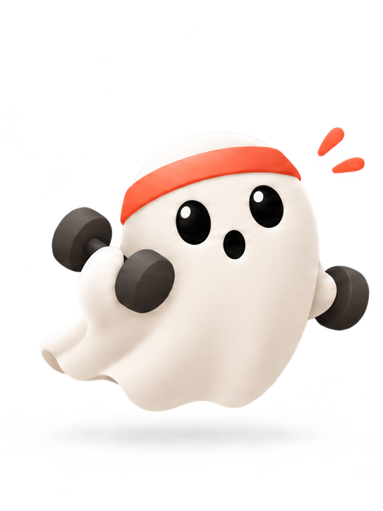 Clarify's fitness ghost mascot wearing a headband and holding dumbbells